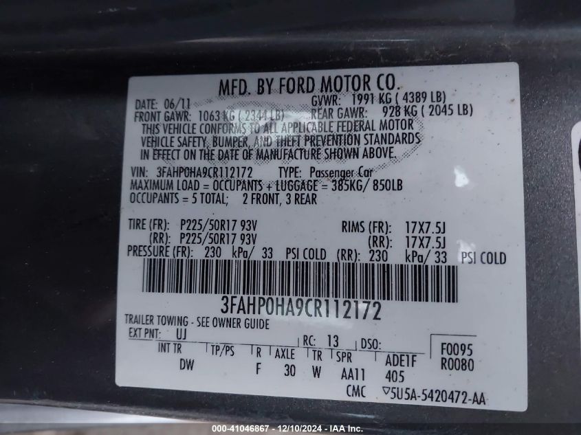 2012 Ford Fusion Se VIN: 3FAHP0HA9CR112172 Lot: 41046867