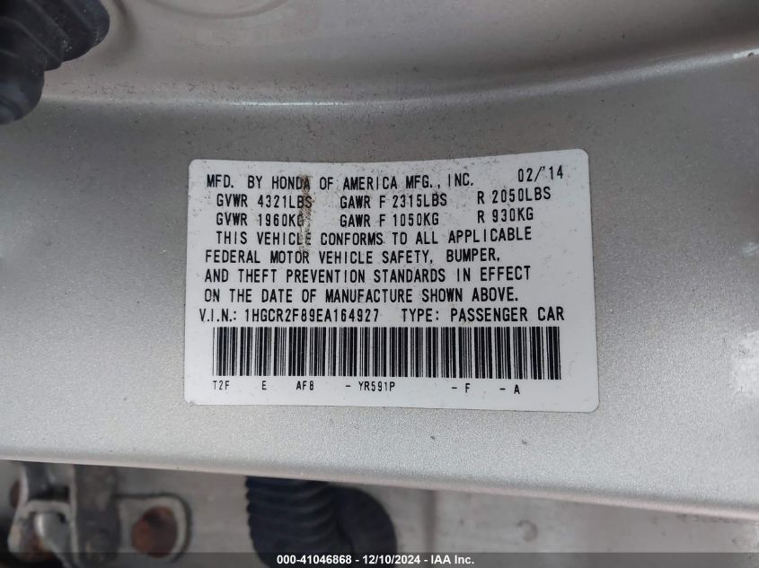 VIN 1HGCR2F89EA164927 2014 HONDA ACCORD no.9