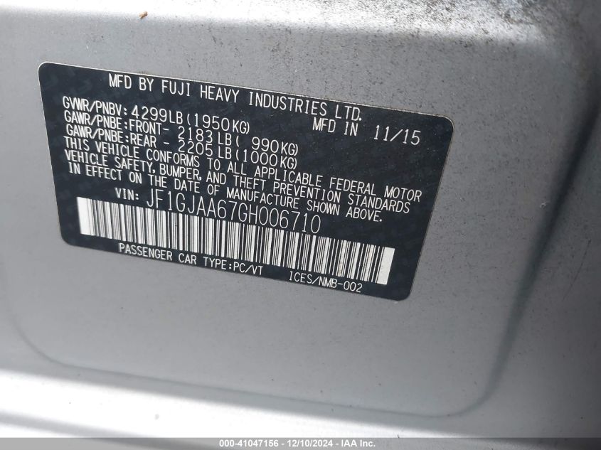 VIN JF1GJAA67GH006710 2016 Subaru Impreza, 2.0I no.9