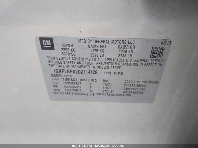 2013 CHEVROLET EQUINOX VIN: 1GNFLNEK2DZ114129