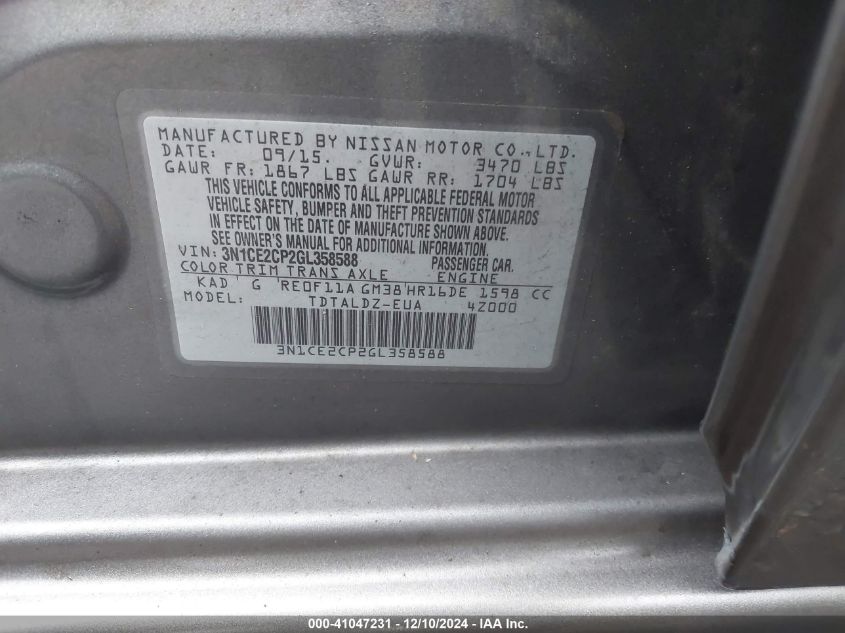 VIN 3N1CE2CP2GL358588 2016 Nissan Versa, Note S (sr... no.9