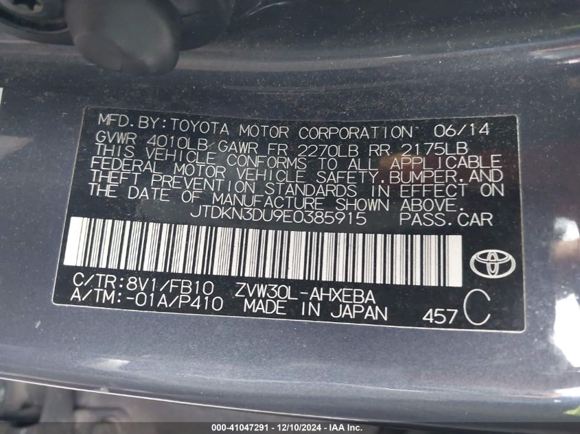 VIN JTDKN3DU9E0385915 2014 Toyota Prius, Two no.9