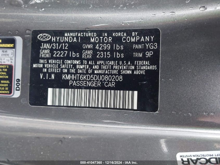 VIN KMHHT6KD5DU080208 2013 Hyundai Genesis, 2.0T R-... no.9