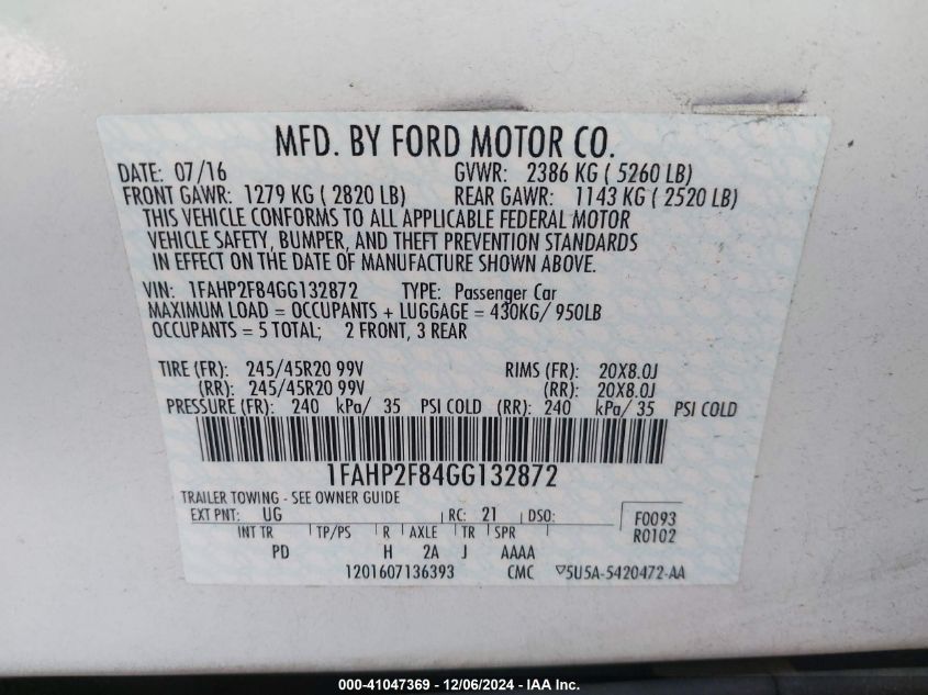 VIN 1FAHP2F84GG132872 2016 FORD TAURUS no.9