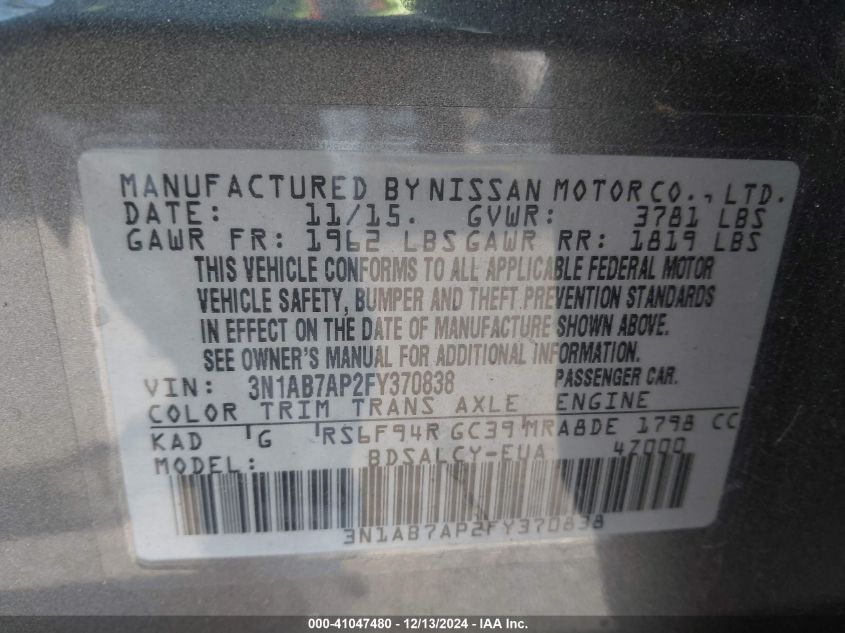 VIN 3N1AB7AP2FY370838 2015 Nissan Sentra, S no.9