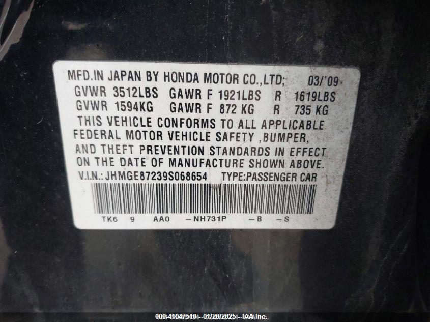 2009 HONDA FIT VIN: JHMGE87239S068654