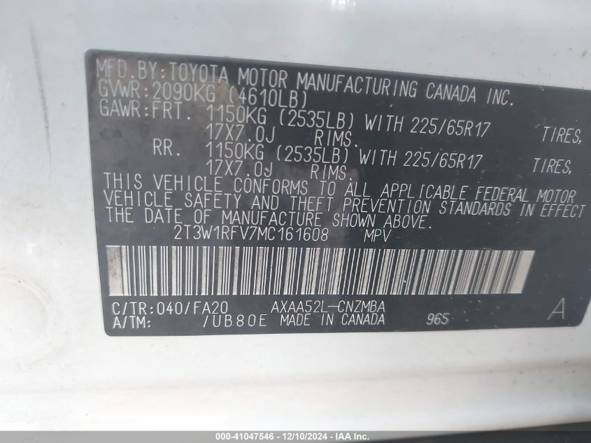 VIN 2T3W1RFV7MC161608 2021 Toyota RAV4, Xle no.9