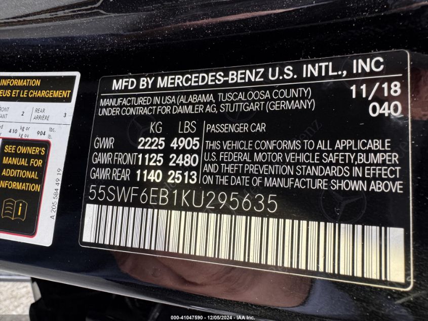 VIN 55SWF6EB1KU295635 2019 Mercedes-Benz AMG C 43,... no.9