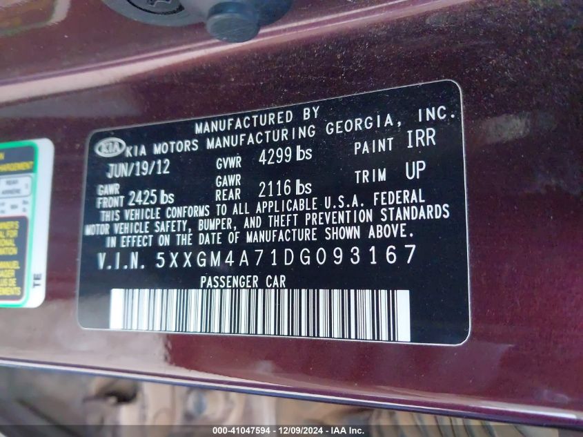 VIN 5XXGM4A71DG093167 2013 KIA OPTIMA no.9