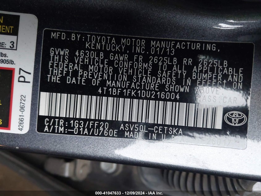 2013 TOYOTA CAMRY VIN: 4T1BF1FK1DU216004