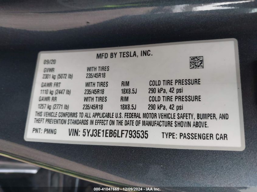 2020 TESLA MODEL 3 - 5YJ3E1EB6LF793535