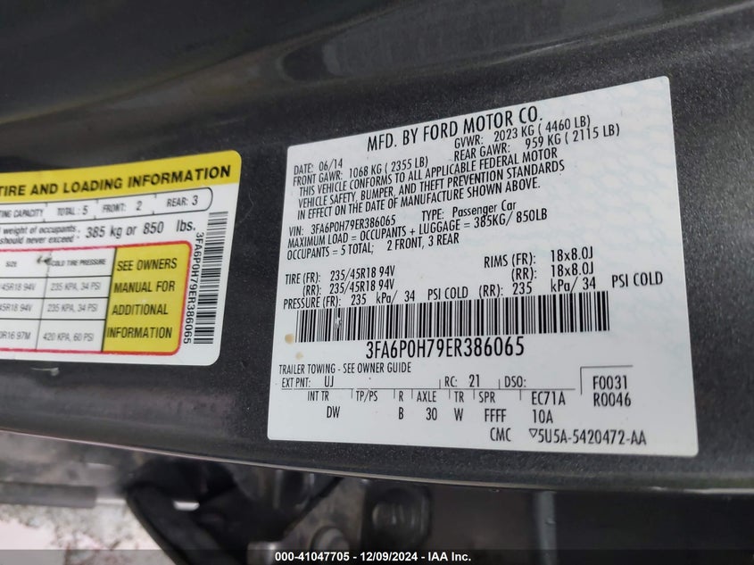 2014 FORD FUSION VIN: 3FA6P0H79ER386065