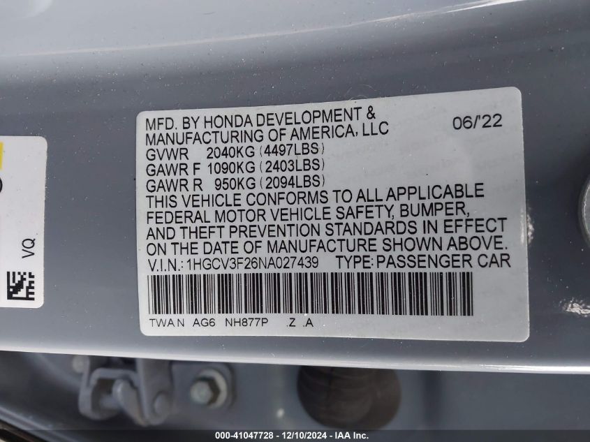 VIN 1HGCV3F26NA027439 2022 HONDA ACCORD no.9