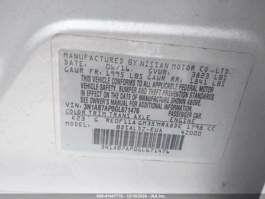 VIN 3N1AB7AP0GL671476 2016 Nissan Sentra, SV no.9