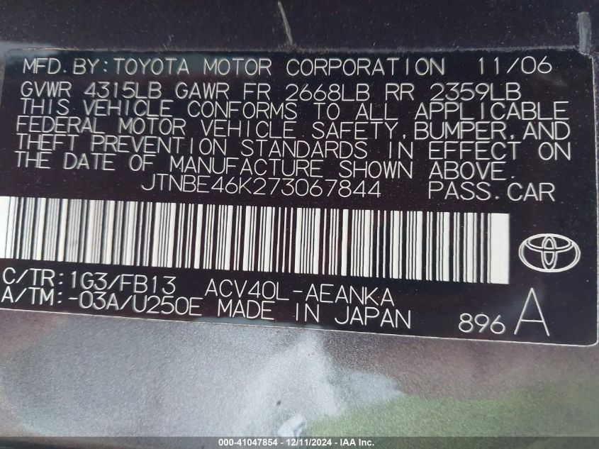 2007 Toyota Camry Le VIN: JTNBE46K273067844 Lot: 41047854