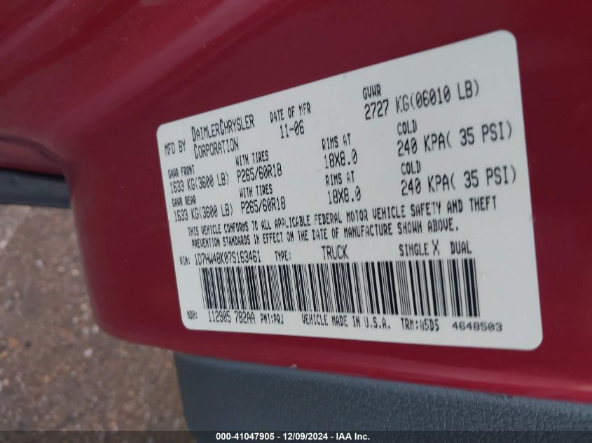 2007 Dodge Dakota Slt VIN: 1D7HW48K873163461 Lot: 41047905
