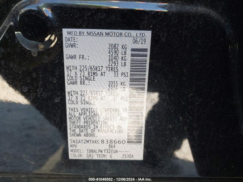 VIN 5N1AT2MTXKC838660 2019 Nissan Rogue, S no.9