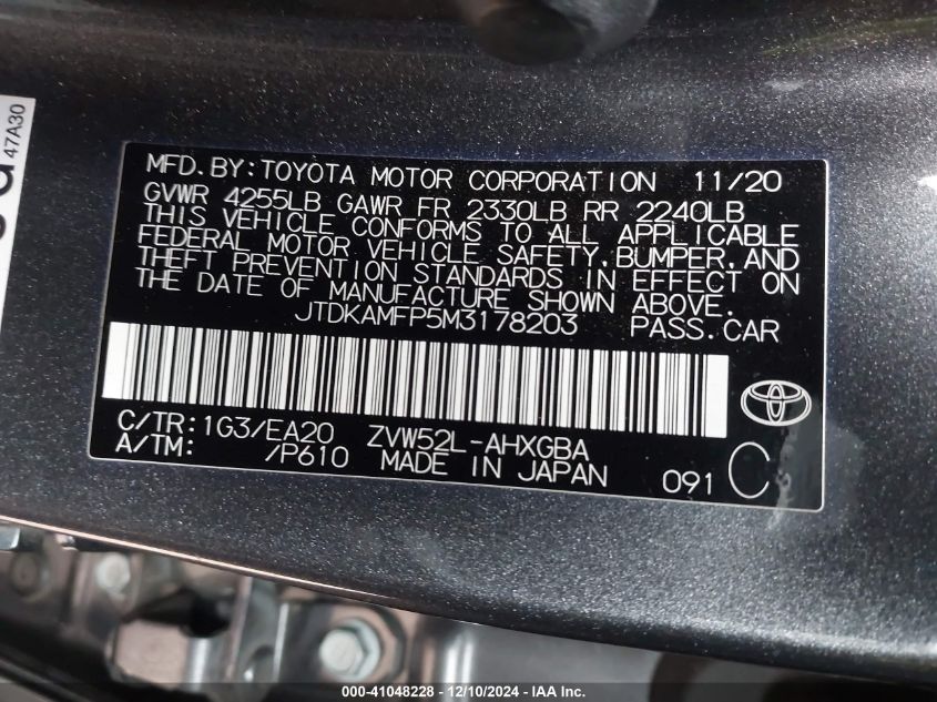 VIN JTDKAMFP5M3178203 2021 TOYOTA PRIUS PRIME no.9