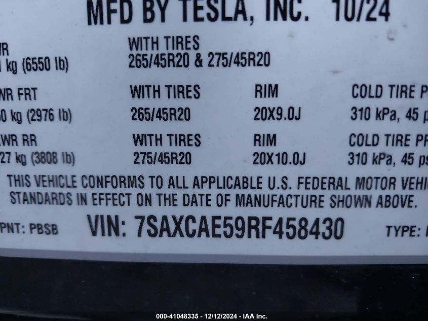 2024 Tesla Model X Long Range VIN: 7SAXCAE59RF458430 Lot: 41048335