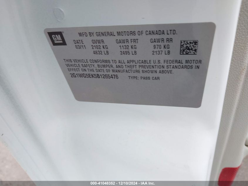 2011 Chevrolet Impala Lt VIN: 2G1WG5EK5B1265476 Lot: 41048352