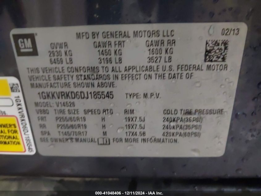 VIN 1GKKVRKD6DJ185545 2013 GMC Acadia, Slt-1 no.9