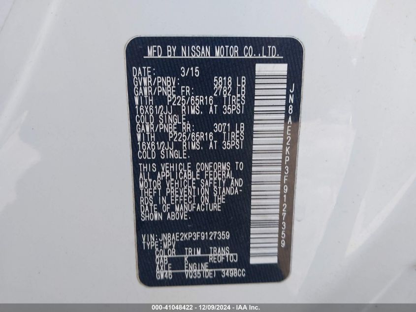 2015 Nissan Quest Platinum/S/Sl/Sv VIN: JN8AE2KP3F9127359 Lot: 41048422