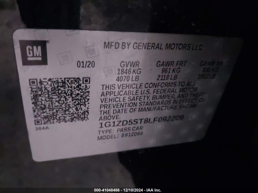 2020 CHEVROLET MALIBU VIN: 1G1ZD5ST8LF092209