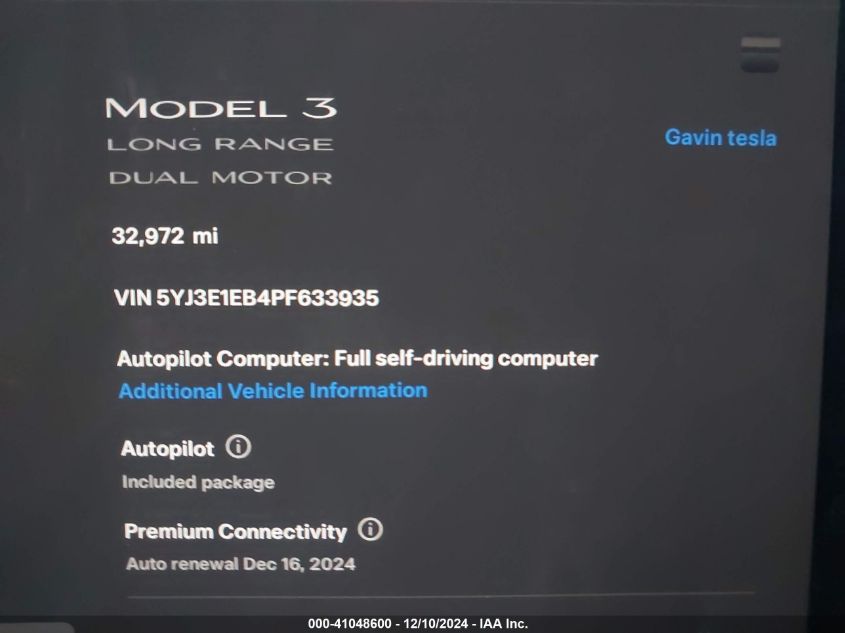 2023 Tesla Model 3 Long Range Dual Motor All-Wheel Drive VIN: 5YJ3E1EB4PF633935 Lot: 41048600