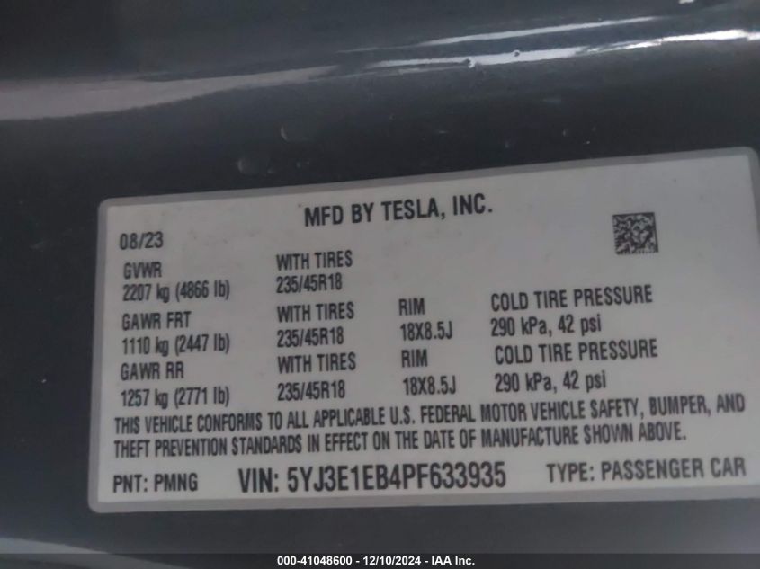 2023 Tesla Model 3 Long Range Dual Motor All-Wheel Drive VIN: 5YJ3E1EB4PF633935 Lot: 41048600