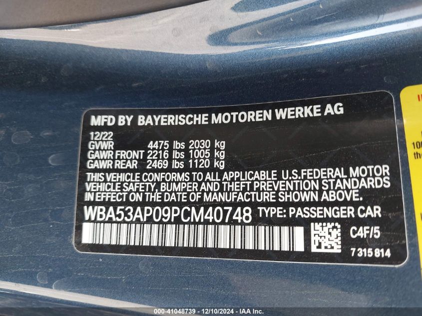 VIN WBA53AP09PCM40748 2023 BMW 4 Series, 430I no.9