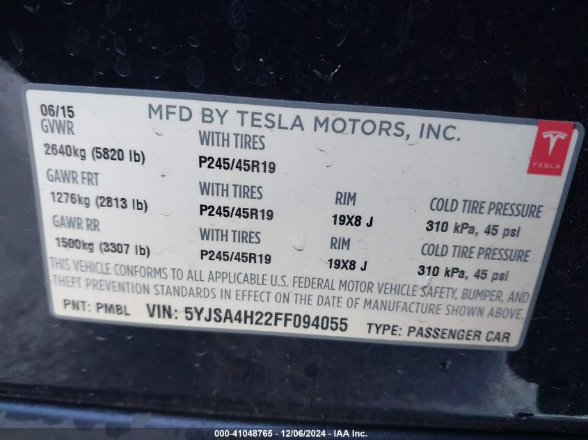 2015 Tesla Model S 70D/85D/P85D VIN: 5YJSA4H22FF094055 Lot: 41048765