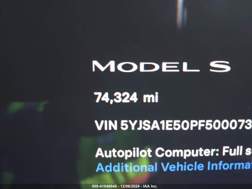 2023 Tesla Model S Dual Motor All-Wheel Drive/Standard Range VIN: 5YJSA1E50PF500073 Lot: 41048840