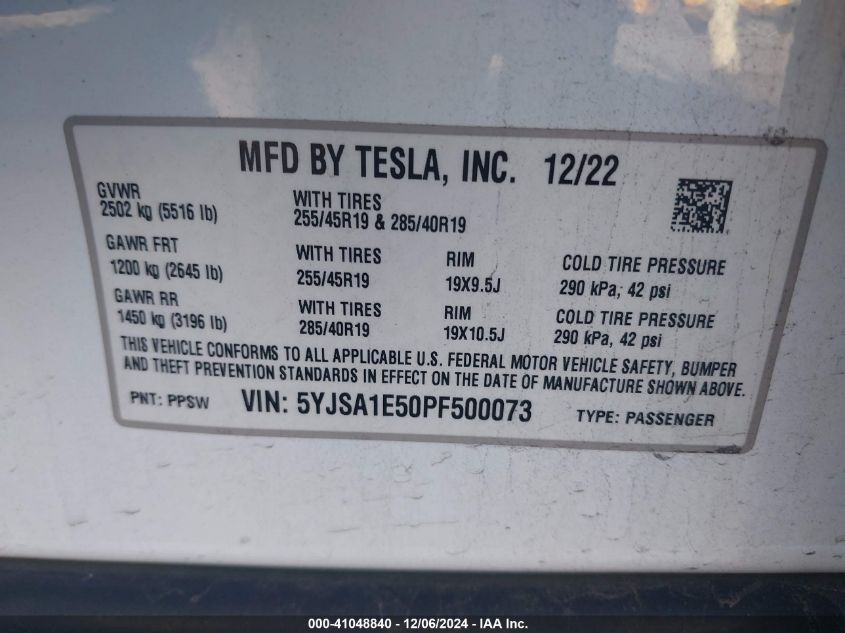 2023 Tesla Model S Dual Motor All-Wheel Drive/Standard Range VIN: 5YJSA1E50PF500073 Lot: 41048840