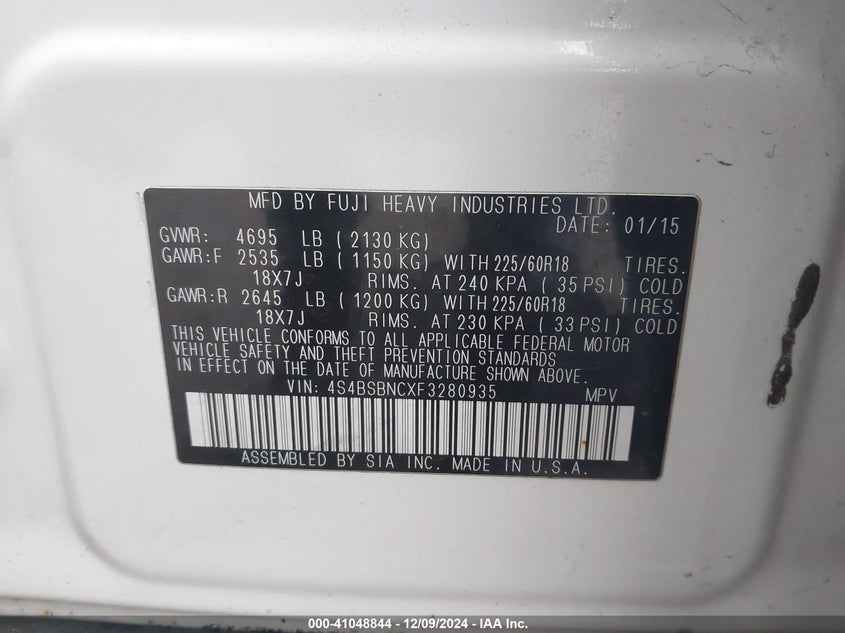 2015 SUBARU OUTBACK 2.5I LIMITED - 4S4BSBNCXF3280935