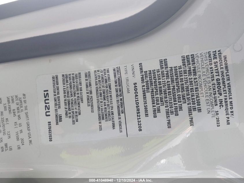 2024 Isuzu Npr Hd VIN: 54DC4J1D5RS213208 Lot: 41048940