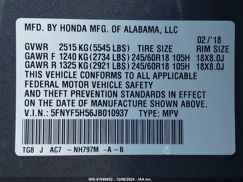 VIN 5FNYF5H56JB010937 2018 HONDA PILOT no.9