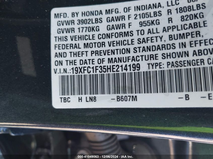 VIN 19XFC1F35HE214199 2017 HONDA CIVIC no.9