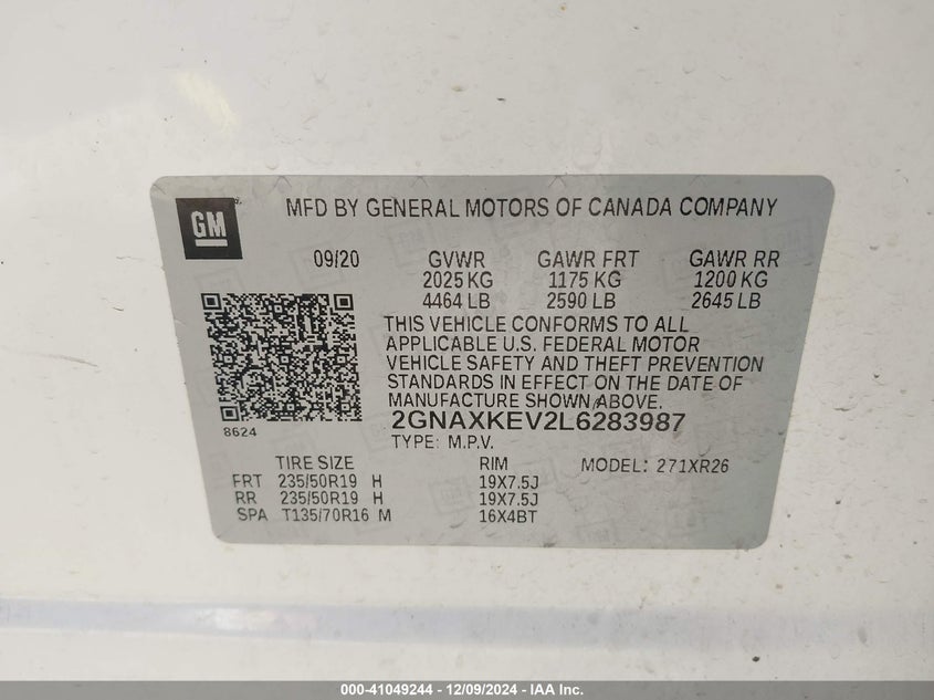 2020 CHEVROLET EQUINOX VIN: 2GNAXKEV2L6283987