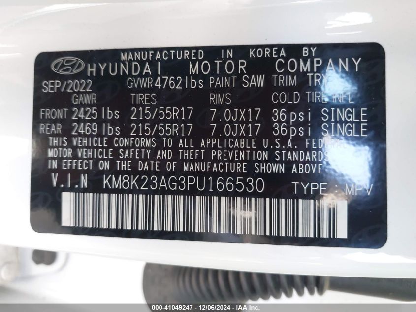 2023 Hyundai Kona Electric Se VIN: KM8K23AG3PU166530 Lot: 41049247