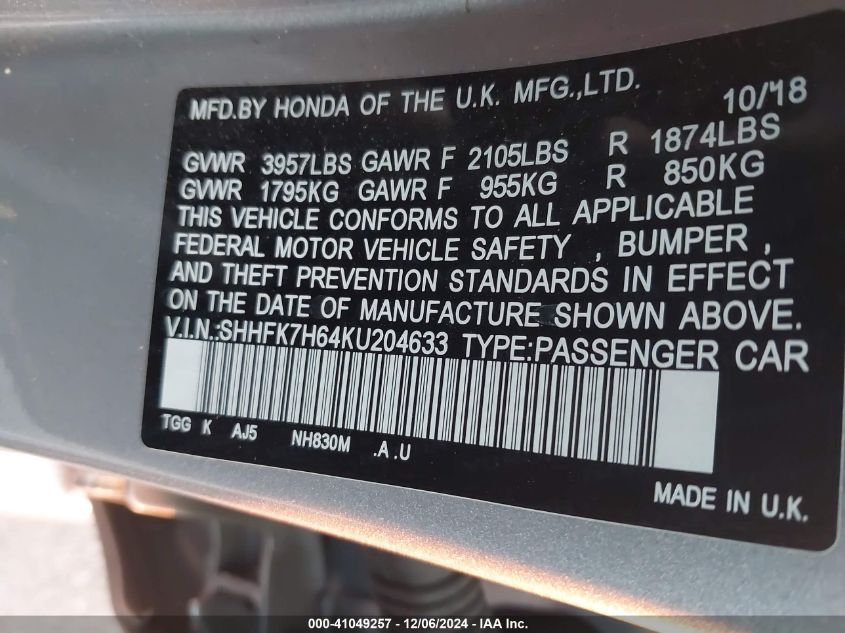 2019 HONDA CIVIC VIN: SHHFK7H64KU204633