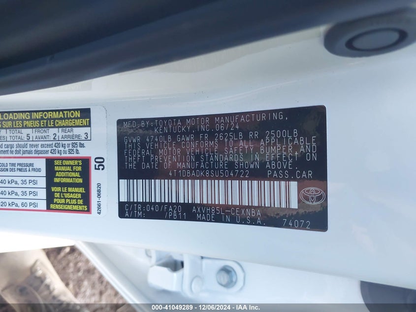2025 TOYOTA CAMRY VIN: 4T1DBADK8SU504722