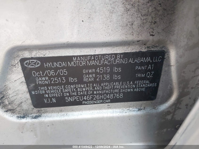 2006 HYUNDAI SONATA VIN: 5NPEU46F26H048768