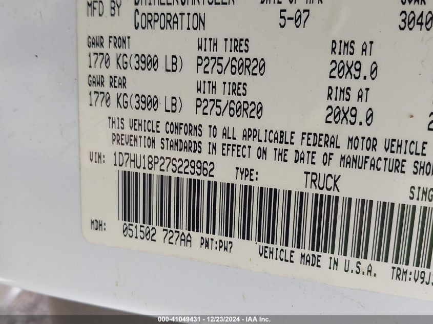 2007 Dodge Ram 1500 Slt/Trx4 Off Road/Sport VIN: 1D7HU18P27S229962 Lot: 41049431