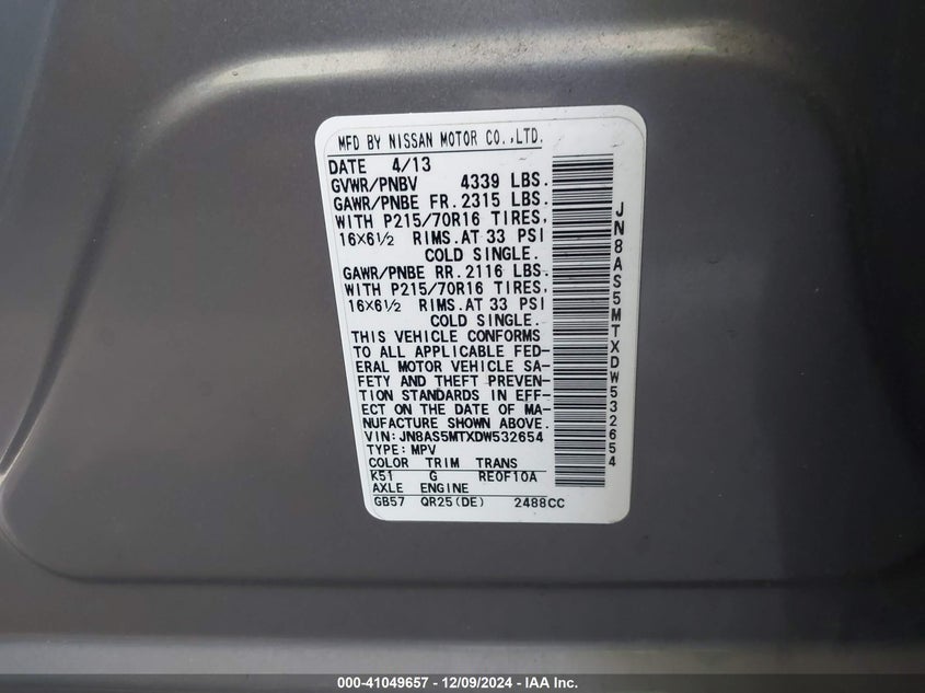2013 NISSAN ROGUE VIN: JN8AS5MTXDW532654