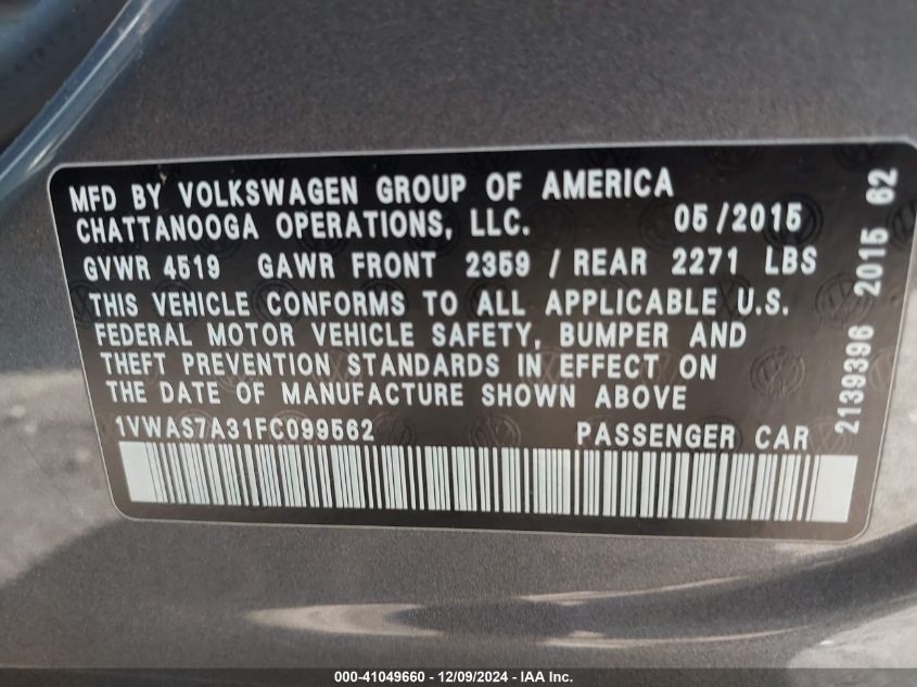 VIN 1VWAS7A31FC099562 2015 VOLKSWAGEN PASSAT no.9