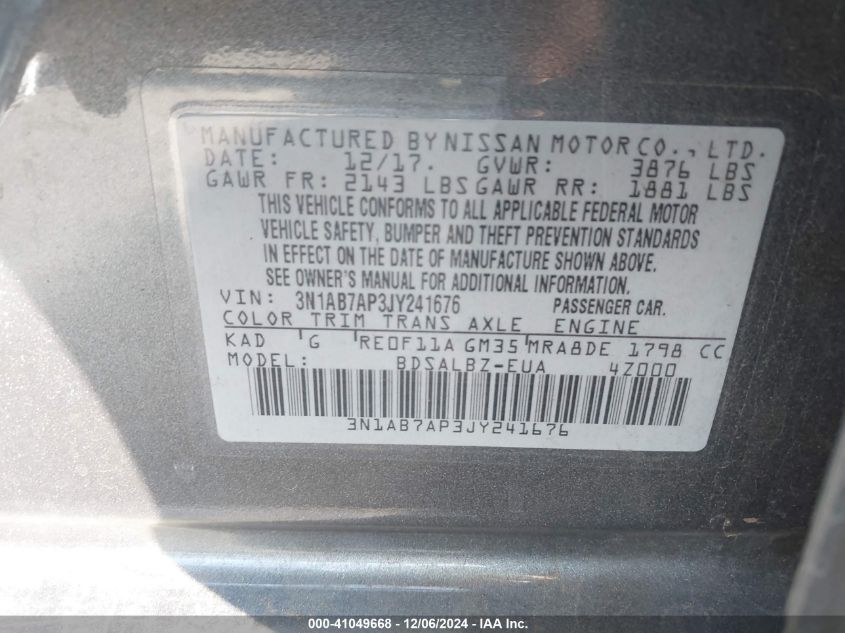 VIN 3N1AB7AP3JY241676 2018 NISSAN SENTRA no.9