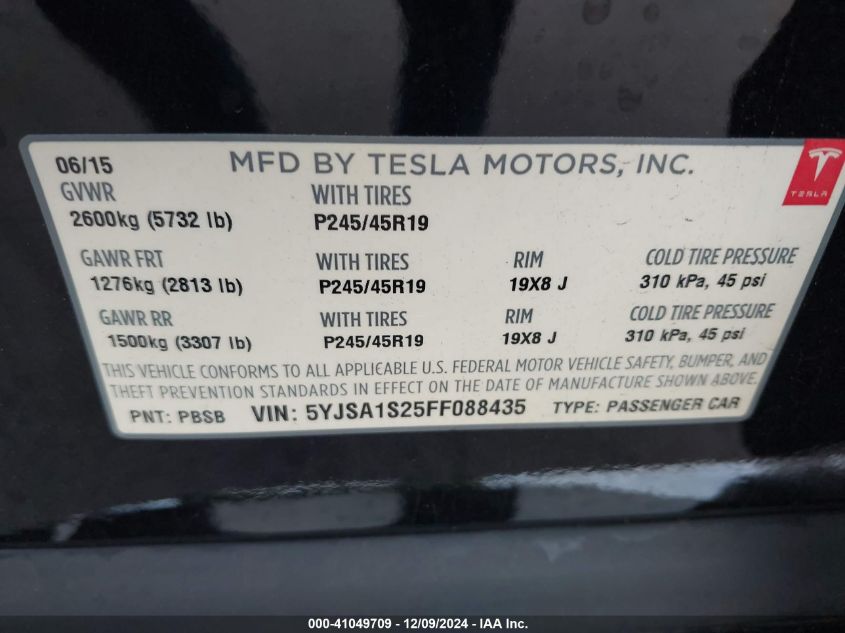 2015 Tesla Model S 70D/85D/P85D VIN: 5YJSA1S25FF088435 Lot: 41049709