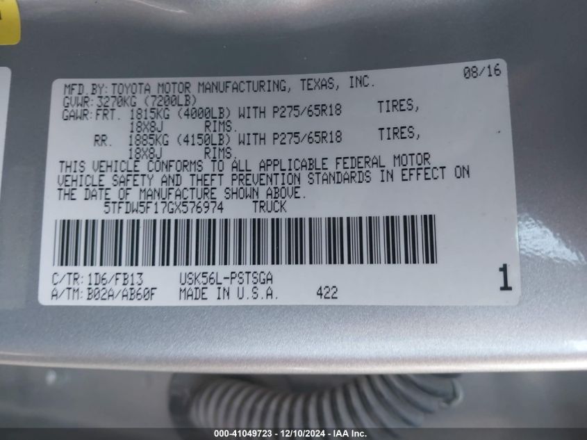 VIN 5TFDW5F17GX576974 2016 Toyota Tundra, Sr5 5.7L V8 no.9