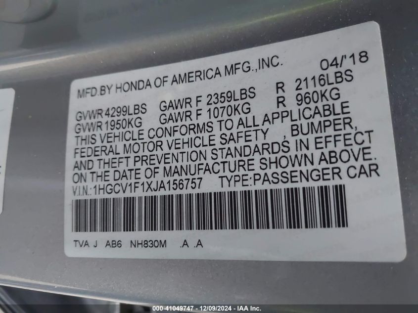 VIN 1HGCV1F1XJA156757 2018 Honda Accord, LX no.9