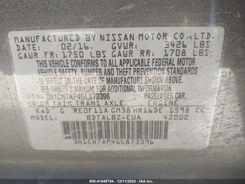 VIN 3N1CN7AP4GL873396 2016 Nissan Versa, 1.6 SV no.9